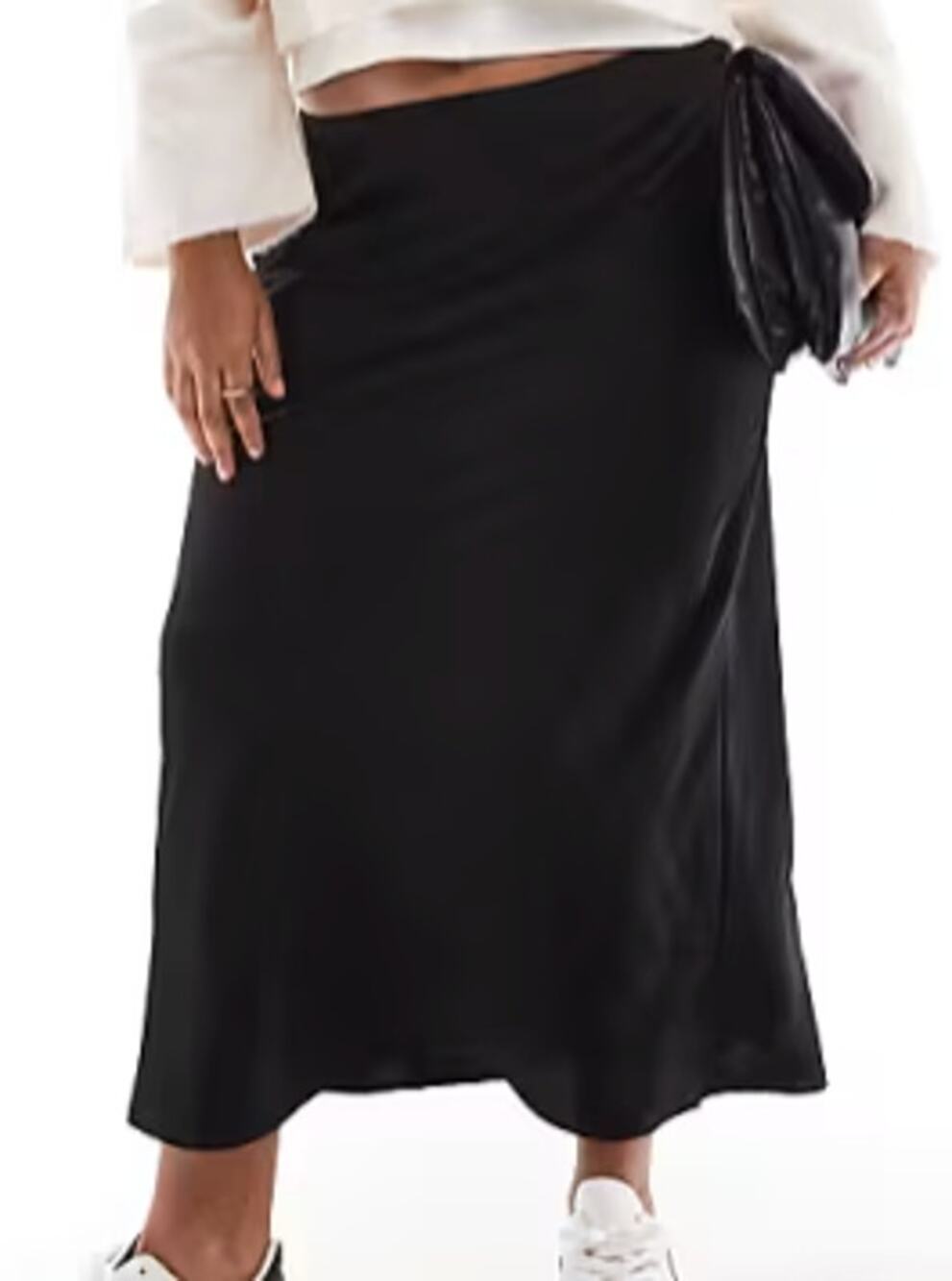 Asos Curve Black Satin Bias Straight Elastic Waist Midi Skirt size 16 NEW Tags